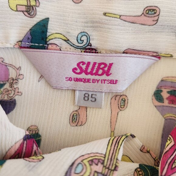 Subi Sheer Cream Printed Blouse Bow Feminine Coquette Pretty Romantic Girly Cute - Picture 4 of 11